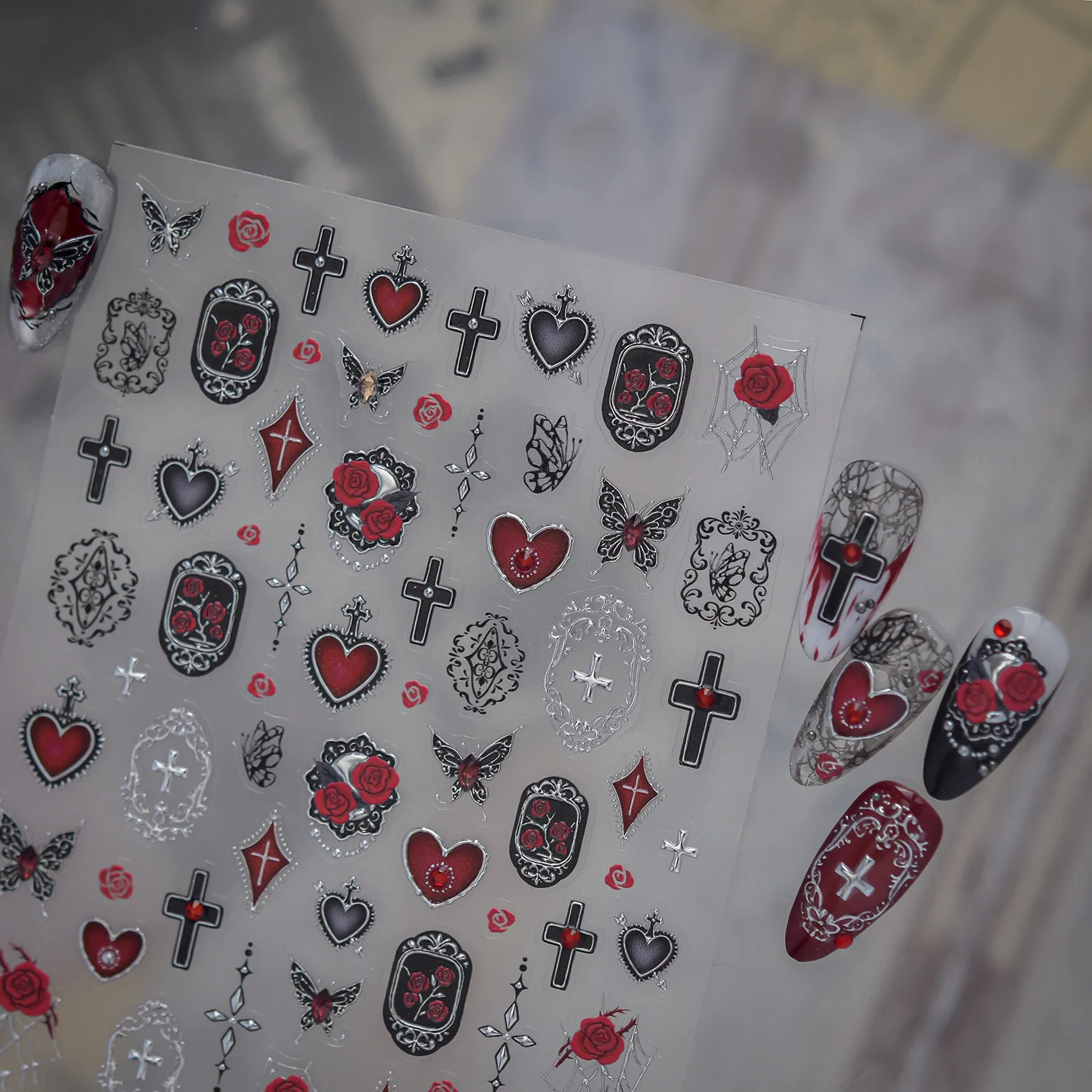 Dunkle Retro-Rosen 5D Nagelaufkleber Rote Rosen Kreuz Strass Rotes Herz Schmetterling Vintage Rahmen Dekor Selbstklebende Punk-Maniküre