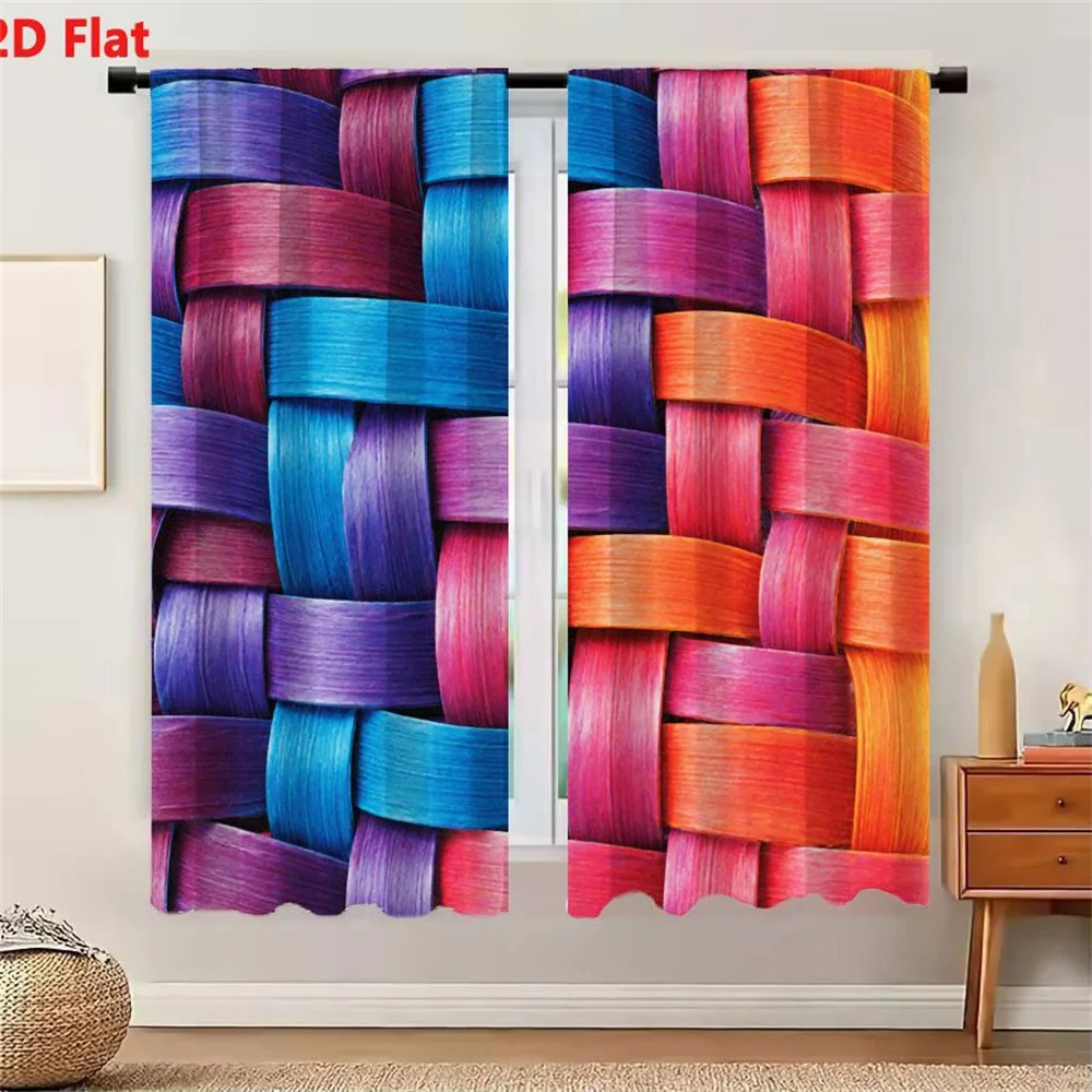 2Pcs Curtains 2D Flat Colored Strip Woven Pattern Grid - Like Structure with Blue Purple Pink Orange Shades Vibrant Textured App