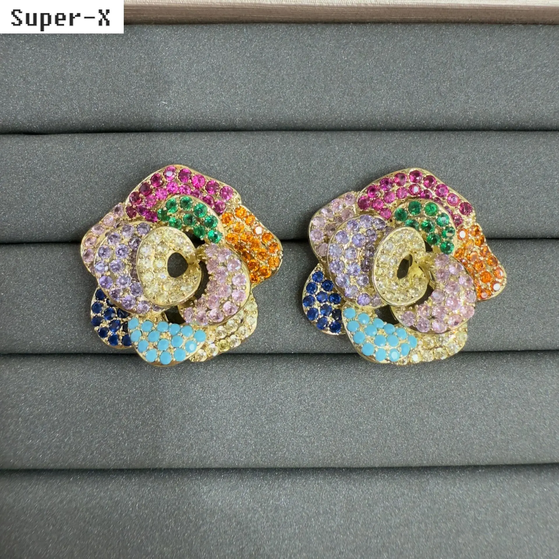 earrings and ring for women jewelry shiny zircon multicolor white yellow blue flower rose stud earrings opening ring party gift