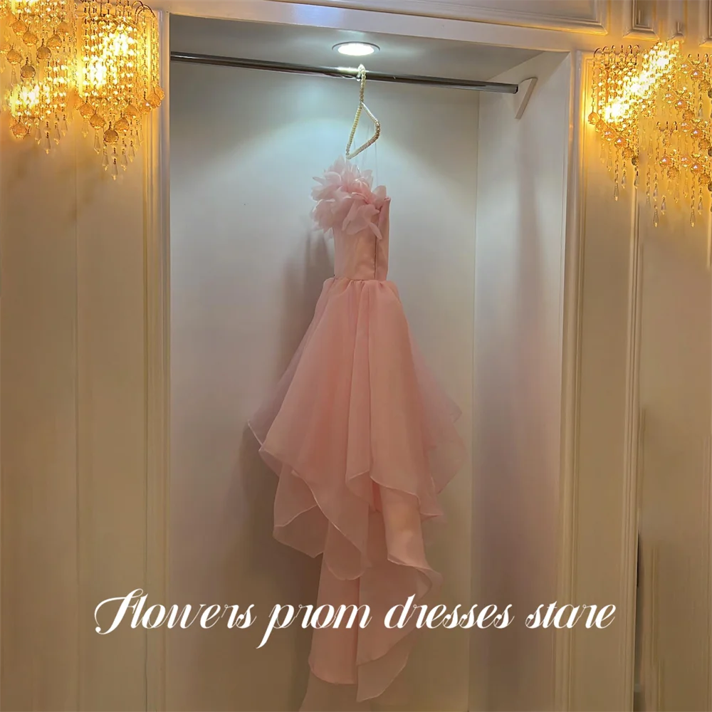 

Flowers Blush Pink Evening Dress Strapless Sleeveless Prom Dresses with 3D Floral Tulle Party Formal Gown robe de bal Customized