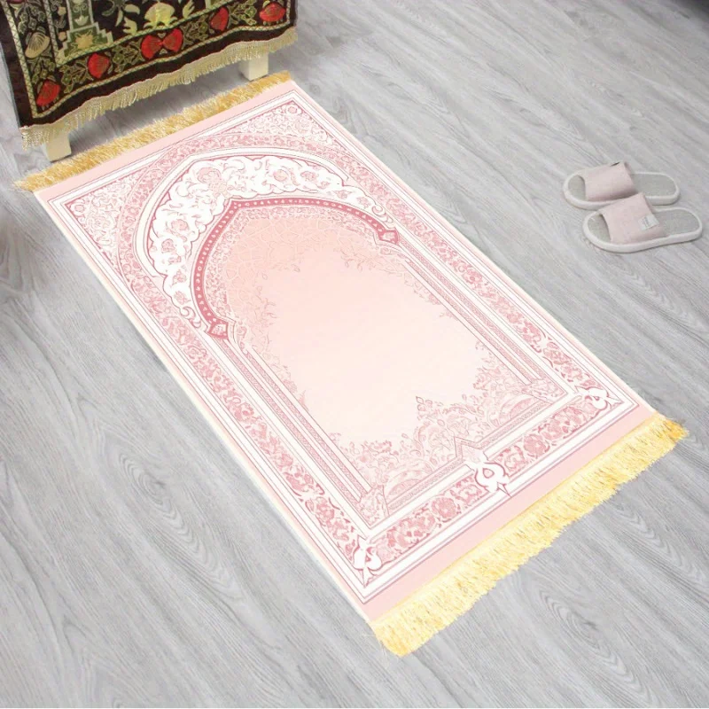 VIKAMA Islamic Prayer Rug with Soft Pink Palace Tassel Worship Mat for Home Religious Rituals Lightweight Foldable