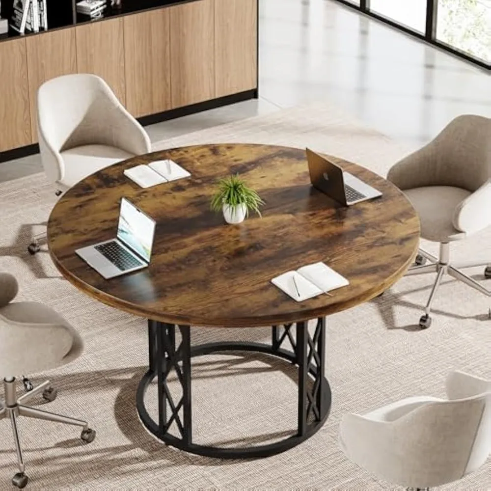 47" Round Conference Table, Business Meeting Table with Metal Base, Small Seminar & Reception Negotiation Table