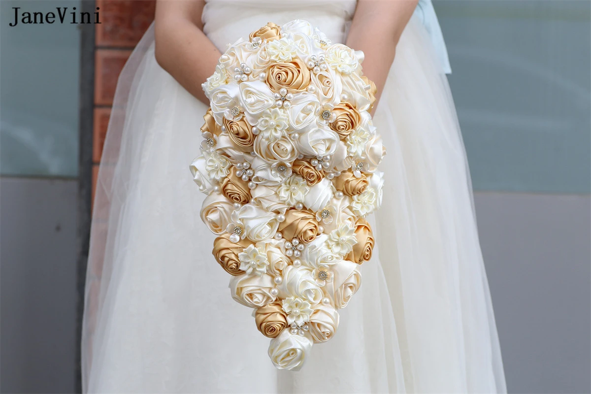 JaneVini-ramos de novia en cascada de albaricoque, perlas artificiales, rosas de satén, ramo de boda para novia, elegante, coreano, 2023