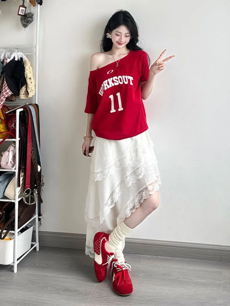 Spicy Girl Nieregularna Spódnica Midi z Koronkowym Wykończeniem, Damska Letnia, Luźna, z Elastyczną Gumką w Pasie, Asymetryczna, Retro, Krój A-Line