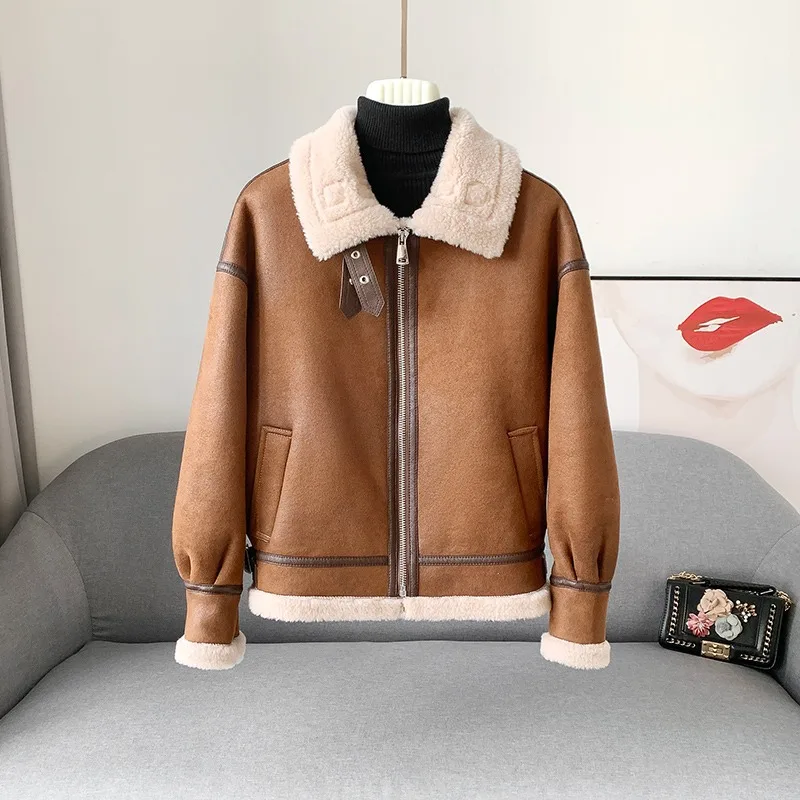 PUDI-Terno de motocicleta de cordeiro para mulheres, casaco de ovelha shearling, jaqueta feminina de gola alta, curto, novo, inverno, 2022, CT402