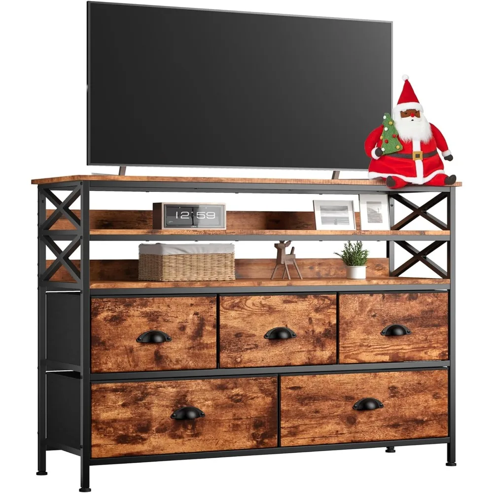 

Dresser TV Stand Entertainment Center with Fabric Drawers Media Console Table with Wood Open Shelves for 55" TV Storage Drawer