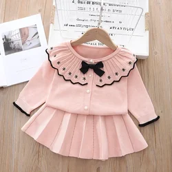 Girls' Knitted Two-piece Set Bowknot Floral Embroidery Golilla Knitted Pullover+pleated Skirt Toddler Girl Cardigan Girls Kids