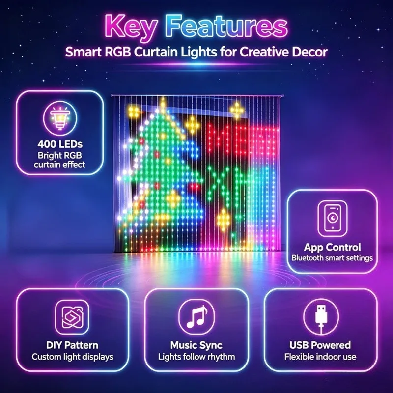 400 LED Smart RGB Fairy Curtain Lights, App Controlled Music Sync for Gaming Room Bedroom Window Decor