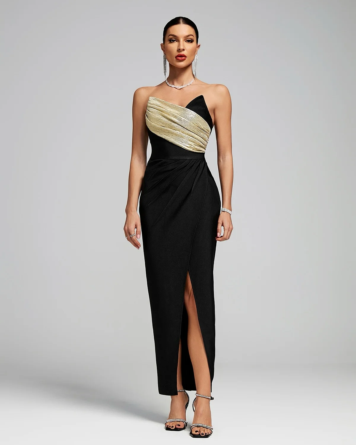 

Customized Temperament Sweetheart Contrast Color Evening Dresses Graceful Front Slit Jersey Vestido De Festa Vestido De Noche