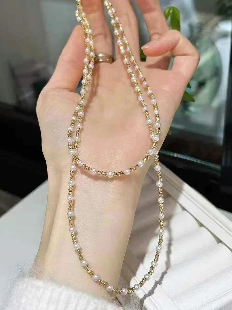 Double-loop Long Sweater Chain for Autumn and Winter with 3-4mm Freshwater Akoya Pearls and 14K Gold-filled Laser-engraved Beads