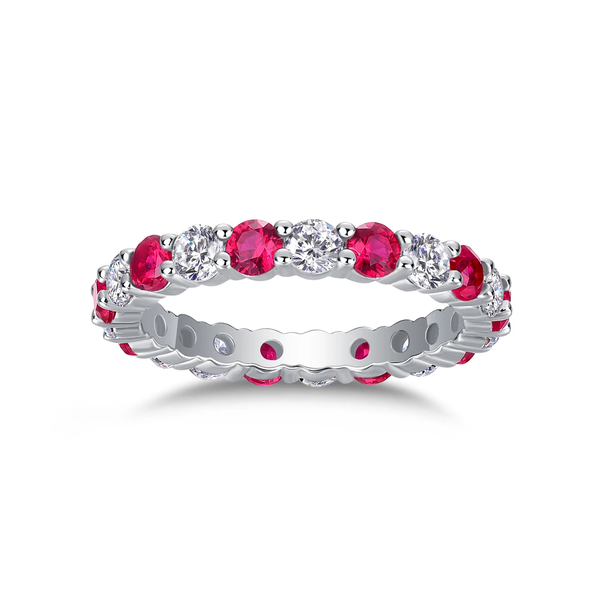 Elegant S925 Silver Ring with Alternating Moissanite & Rubies, 18K Gold Plated, Luxury Design, Includes GRA Certificate, Perfect