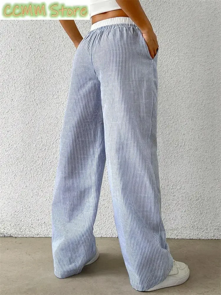 Women's Casual Striped Woven Wide Leg Pants Fall Winter Casual Stylish Full Length Trousers Clothes Streetwear