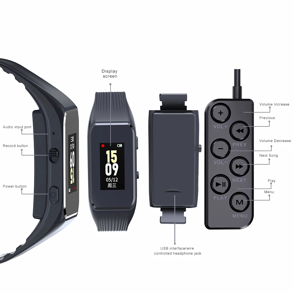 Vandlion V67 مسجل الصوت الرقمي المنشط سوار ساعة الحد من الضوضاء HD تسجيل بنقرة واحدة تسجيل الإملاء