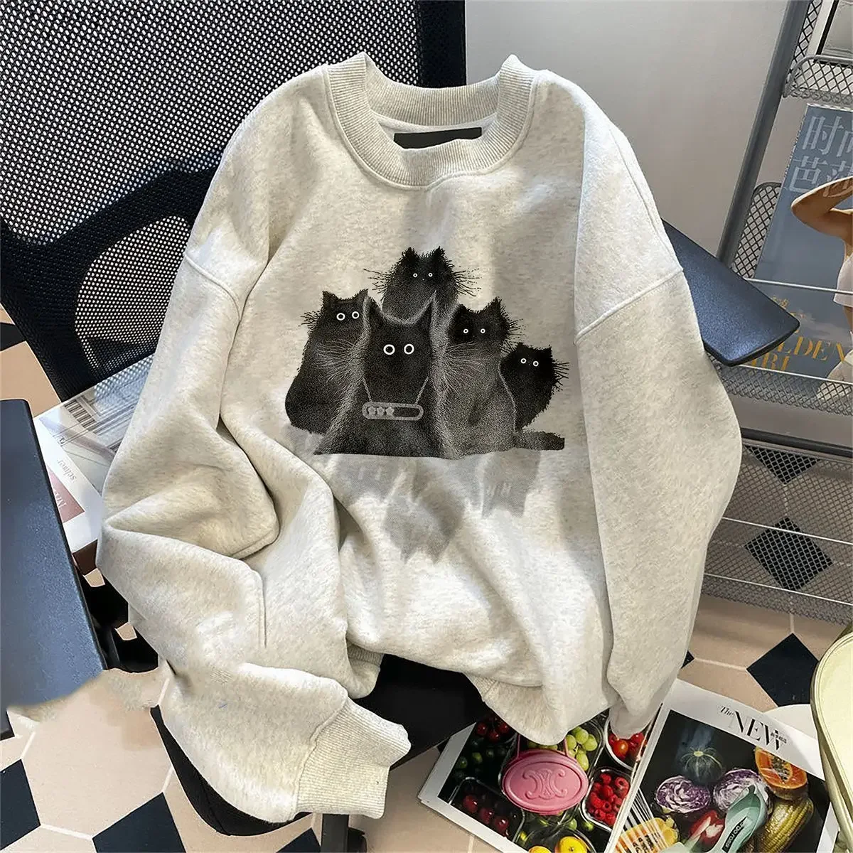 Plush Hoodie for Women Pure Cotton Round Neck Loose and Versatile Top American Retro Niche Autumn and Winter New clothing