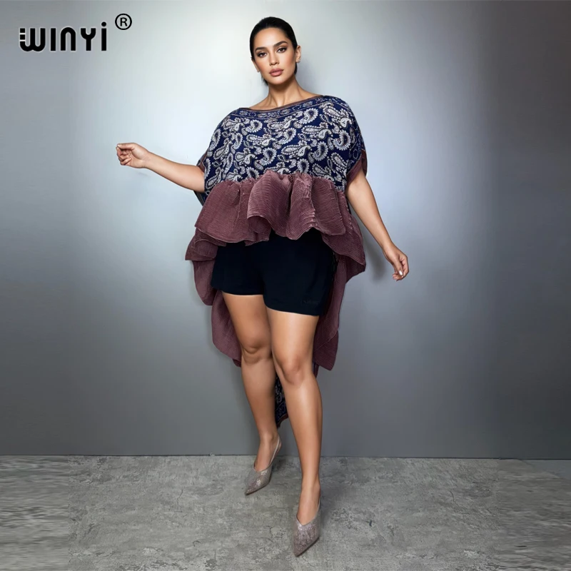 WINYI Women's Pleated Maxi Party Dress Irregular Crumple Design Loose Fit Sexy Evening Gown Poncho Top Robe
