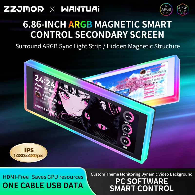 ZZJMOD 6.86-Inch ARGB Magnetic Smart Control Secondary Screen,1480x480 resolution/9-pin USB& 5V 3 Pin ARGB interface