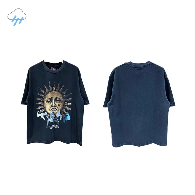 Men Women Hip Hop Vintage Washed Black Short Sleeve Tee Summer Oversized T Shirt Tops Sun God Printing Saint T-Shirt