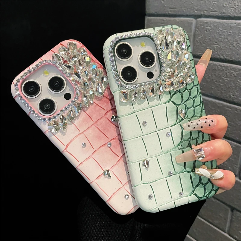 Glitter Diamond Leather Crocodile Skin Pattern Phone Case For iPhone 15 14 13 12 11 Pro Max 12 Mini 14 Plus Rhinestone Cover