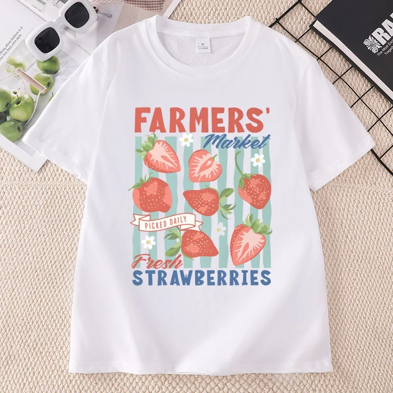 Strawberry Farmers Market T Shirt Casual Round Neck Printed Short Sleeve Tshirts Streetwear Woman Summer Cotton Tees