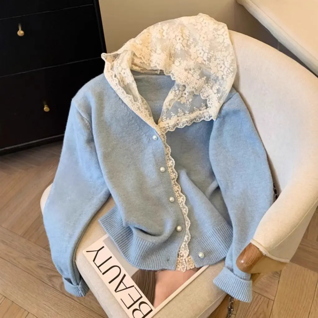 

Women's French Lace Hooded Long-Sleeved Sweater Slim Fit All-Match Age-Reducing Top for Autumn Winter