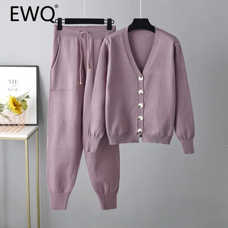 EWQ Women Knitted 2 Piece Set Fashion V Neck Single Breasted Cardigan Sweater + Long Trousers 2024 Autumn Winter New 27X1514