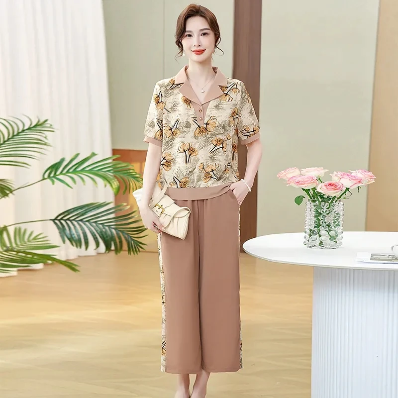 Chiffon Female Short Sleeved Two Piece Set Summer Mom Costume Fashion Outfit Summer Ladies Leisure Short Sleeved  Pants Suit