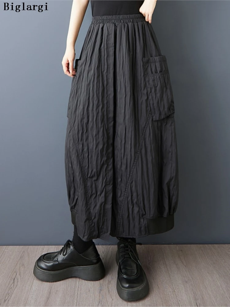 오버사이즈 가을 스커트 여성용 불규칙한 스플릿 루즈 플리츠 패션 엘라스틱 하이웨이스트 여성 스커트 캐주얼 롱 스커트