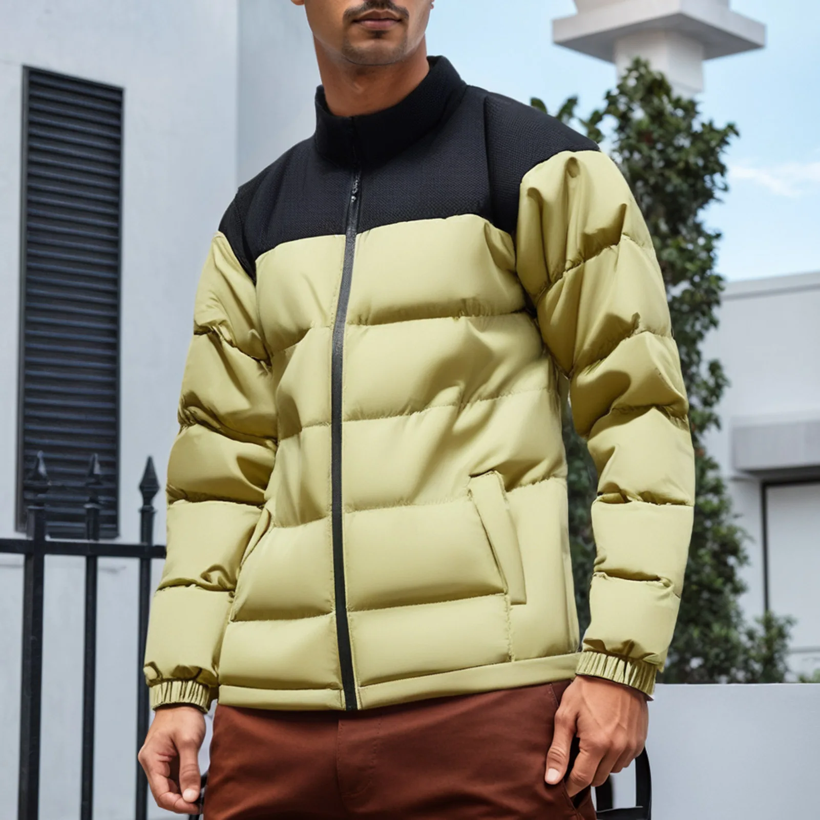 Men's Cotton Coat Stand Collar Long Sleeve Patchwork Colored Jacket Coat Loose Zipper Pocket Casual Jacket
