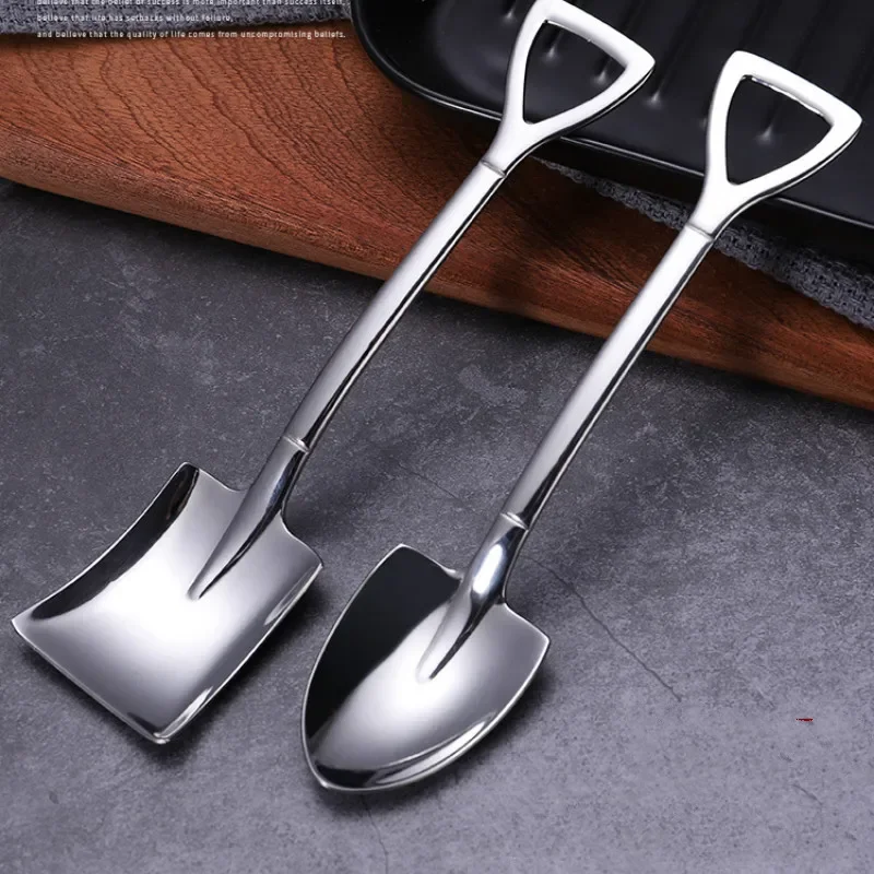 2PCS/set Stainless Steel Iron Shovel Spoon Coffee Ice Cream Spoon Engineering Shovel Retro Cute Square Head Spoon Kitchen Gadget