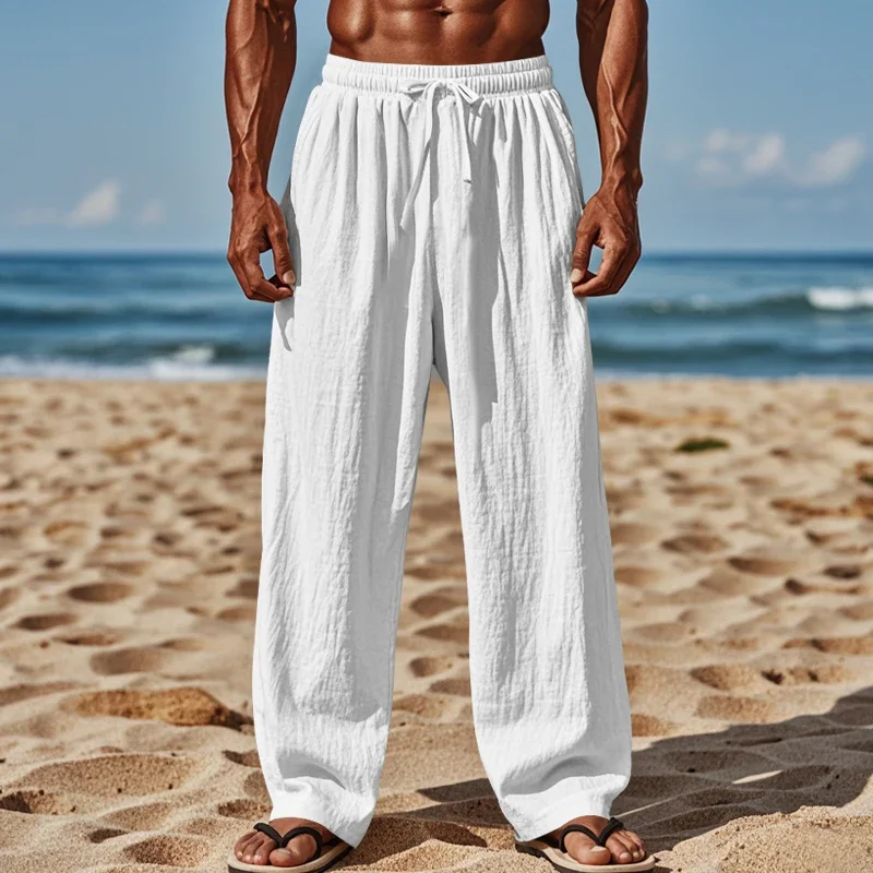 

2025 new cotton and hemp loose men's plus-size loose solid color casual lace-up pants