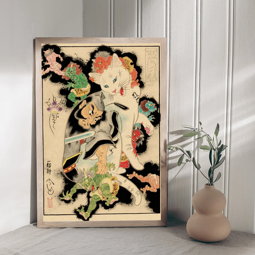 Japanese Samurai Cat Classic Vintage Posters Decoracion Painting Wall Art White Kraft Paper Kawaii Room Decor