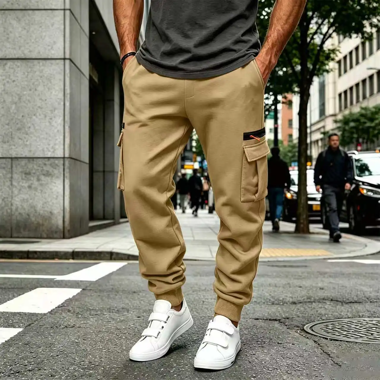 Autumn Winter Fashion Men's Casual Sports Pants Solid Color Multi-Pocket Straight Leg Trousers Loose Large Size Men Cargo Pants
