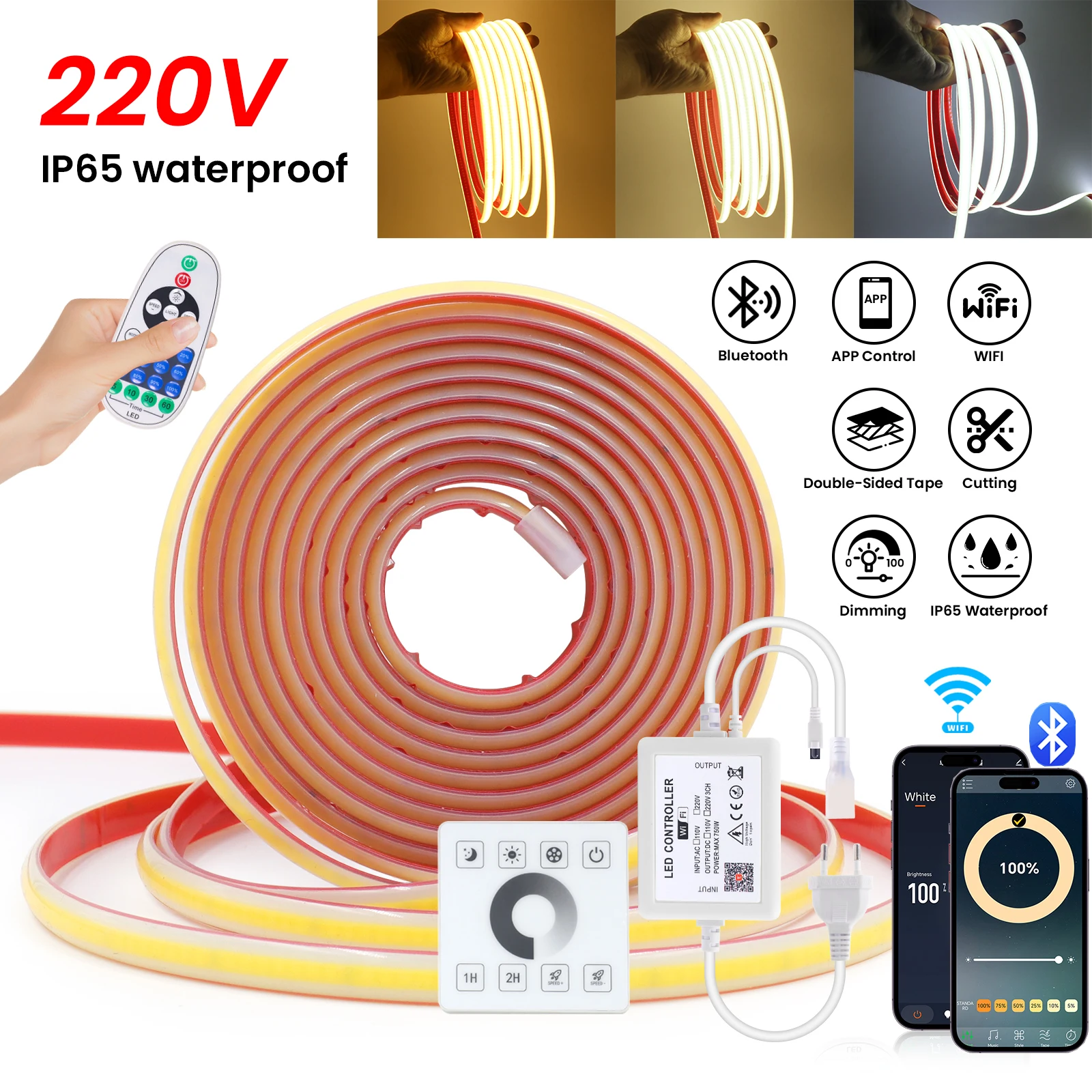 220V Dimmable COB LED Strip Light Adhesive 288LEDs/M Waterproof Flexible Ribbon WiFi Bluetooth Touch Remote Control Lamp Strips