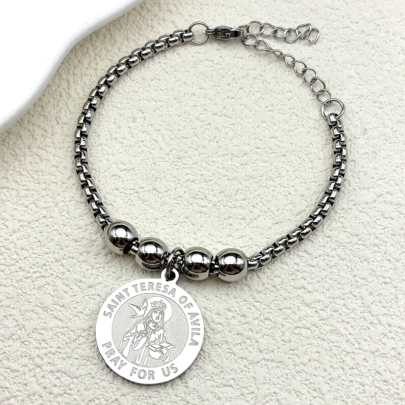 سانت تيريزا أفيللا الصلاة بالنسبة لنا سوار للنساء الرجال الفولاذ المقاوم للصدأ الذهب اللون الكاثوليكية الإيمان سلسلة اليد مجوهرات هدايا #3