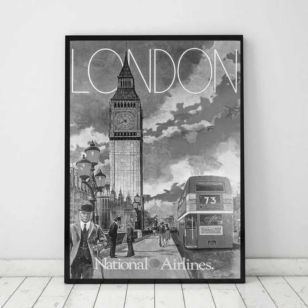 Black White Retro Paris London Anime Posters Sticky HD Quality Wall Art Retro Posters for Home Kawaii Room Decor