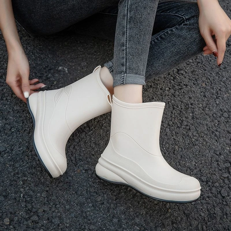 2026 Women Waterproof Rubber Rain Boots Mid Calf Anti Slip Warm Lined Garden Kitchen Work Shoes