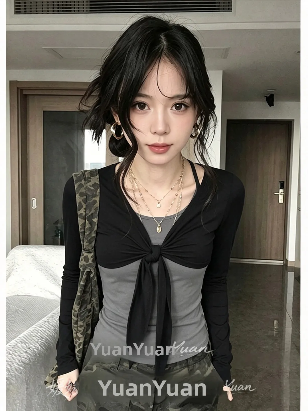Gray Long Sleeve Slim Fit T-Shirt Women's Fashion Shoulder Design Casual Breathable Autumn New Style V-Neck Pullover Top