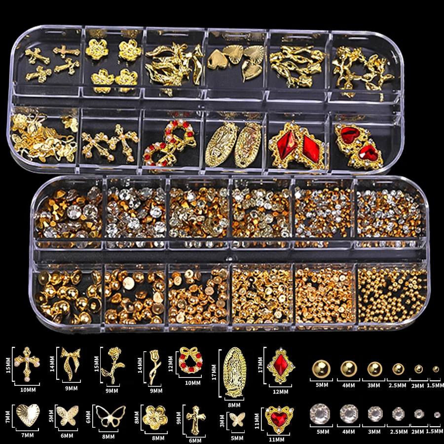 Mixed Gold Nail Charms Rhinestones Set, Cross Butterfly Heart Star Ornaments with Tweezers & Wax Pen for DIY Nail Art