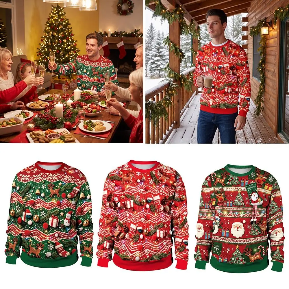 3D Digital Print Christmas Sweatshirt Long Sleeve Casual Christmas Crewneck Winter Pullover Red Christmas Costume