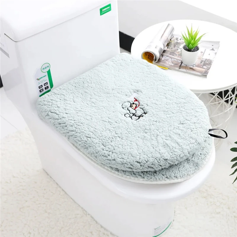 Autumn Winter Plush Warm Toilet Cover Two-piece Set Home Bathroom Toilet Seat Cushion Waterproof Zipper Toilet Ring With Handle