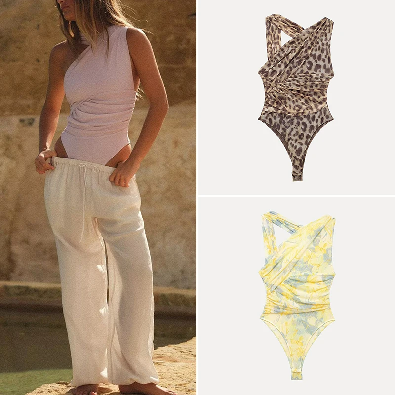 

Модный асимметричный плиссированный декорированный повседневный женский комбинезон, лето 2025, брюки из полиэфирного волокна со средней талией