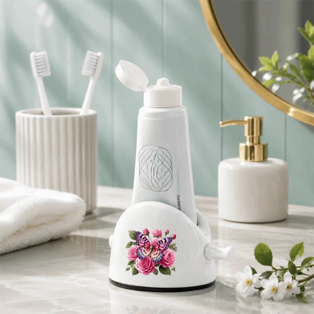 Multi-functional Toothpaste Squeezer Convenient Labor-Saving Cleanser Squeezer Cat Flower Printed Rolling Toothpaste Dispenser