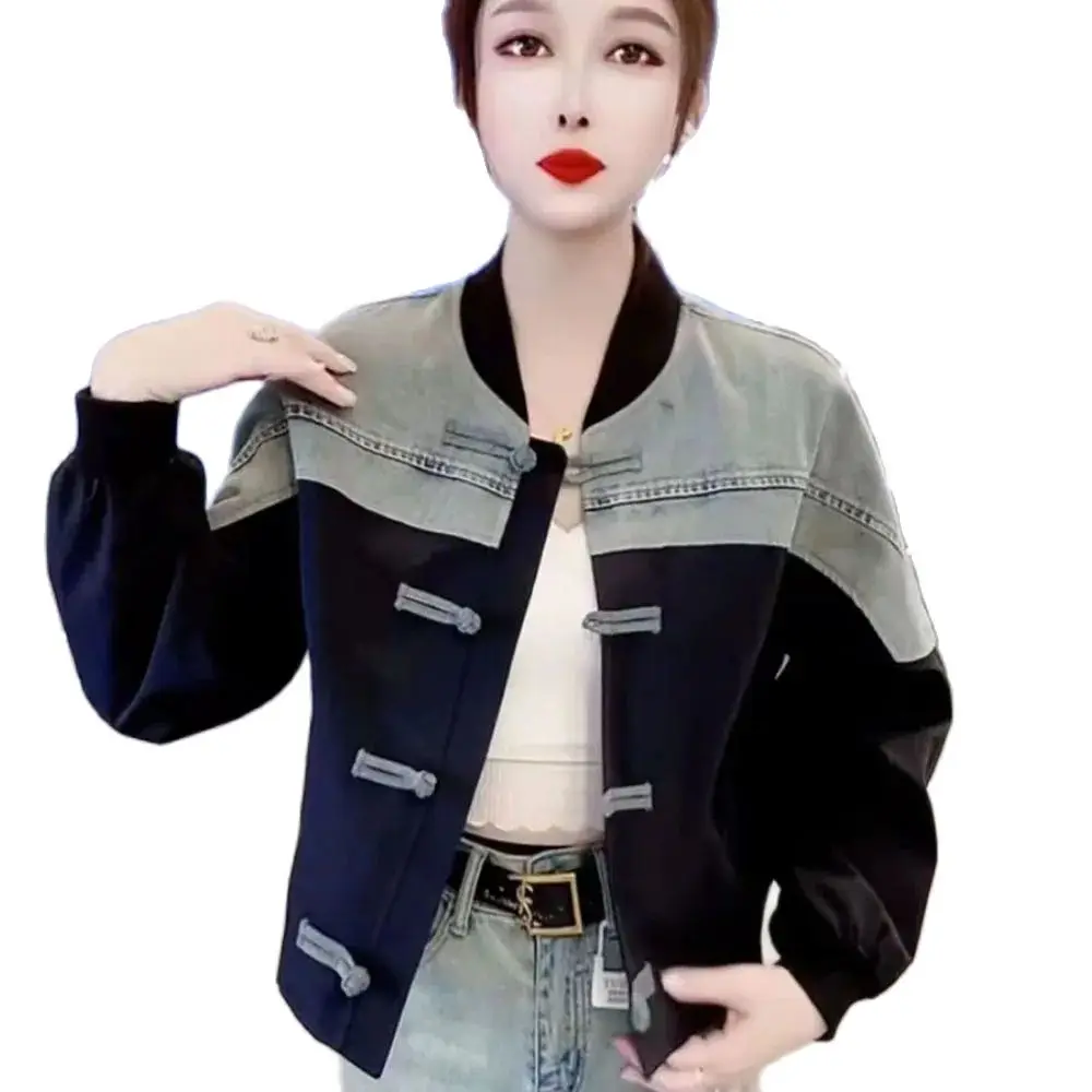 

2024 Spring And Autumn New Women's Fashion ins Contrast Denim Splicing Short Jacket Casual Loose Korean Tops Female Tide.