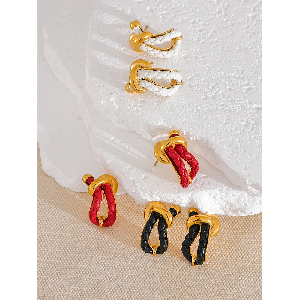 Yhpup Red Black White Leather Knot Geometric Hollow Stud Earrings Trendy Stainless Steel Water Resistant Stylish Unique Jewelry
