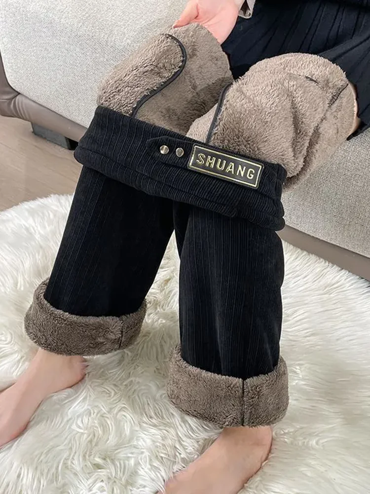 Winter Warm Elastic High Waist Straight Pants Women Thicken Loose Fleece lined Wide Leg Pantalones Korean Casual Snow Wear Calca