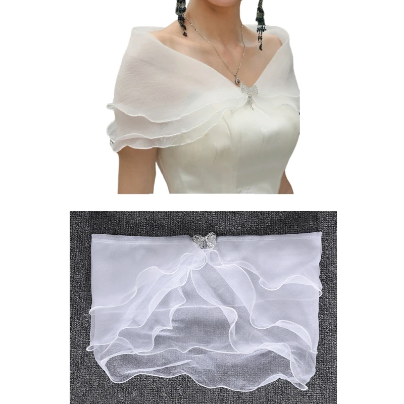 Women Bridal Layered Solid Color Tiers Wedding Shawl Shrug Wrap for Rhinestone Bowknot Off Shoulder Evening Party