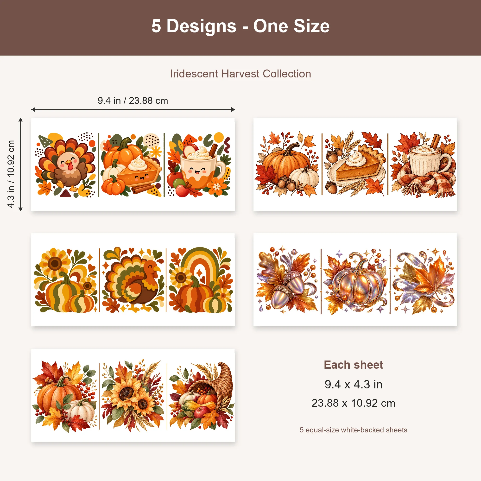 5 Sheet UV DTF Cup Wrap Set, Copper Gold Autumn Pumpkin, Shiny Acorns, Maple Leaves and Curling Ribbons