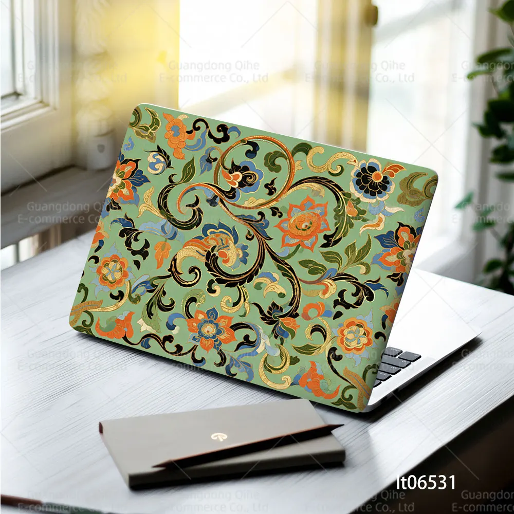 2PCS Chinese Style Bamboo & Bird Laptop Skin Sticker, Retro Red Palace Art Decal Cover for Macbook HP Dell Lenovo 11-17 inch