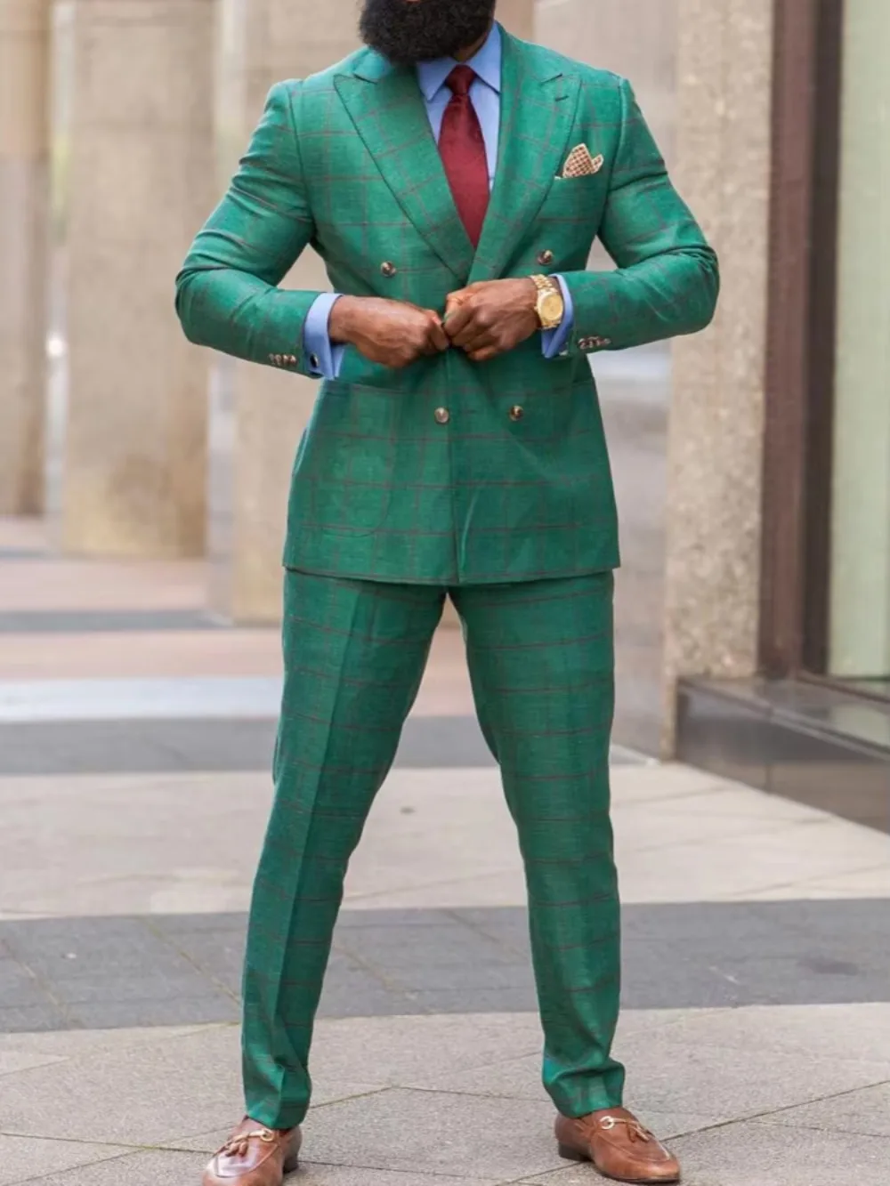 Men's Green Windowpane Plaid Double Breasted Suit Jacket Notch Lapel Slim Fit Business Blazer Wedding Party Formal Business Coat