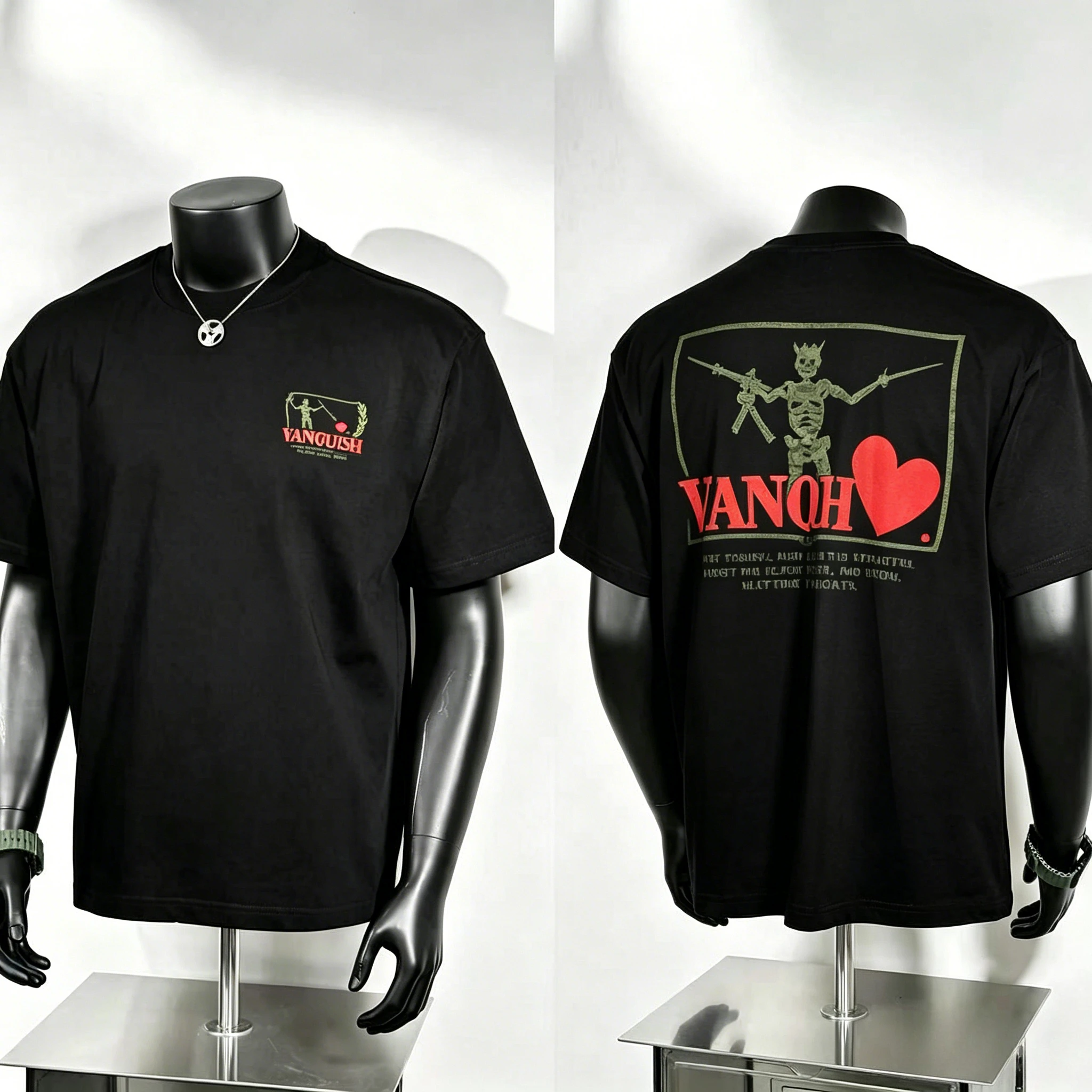 Retro Contrast Trend T Shirt, Vanquish Laurel Heart Badge Front and Framed Crowned Skeleton Art Back Print
